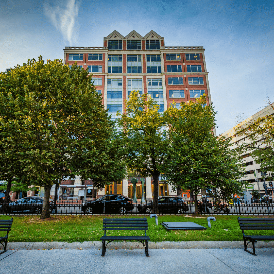 City park along a street with park benches and a building in background
