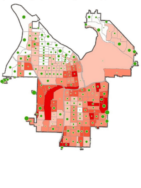 A map showing tree planting priority overlayed with demographic data in Tacoma, WA