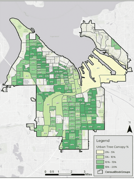 A map showing tree canopy coverage by census block in Tacoma, WA