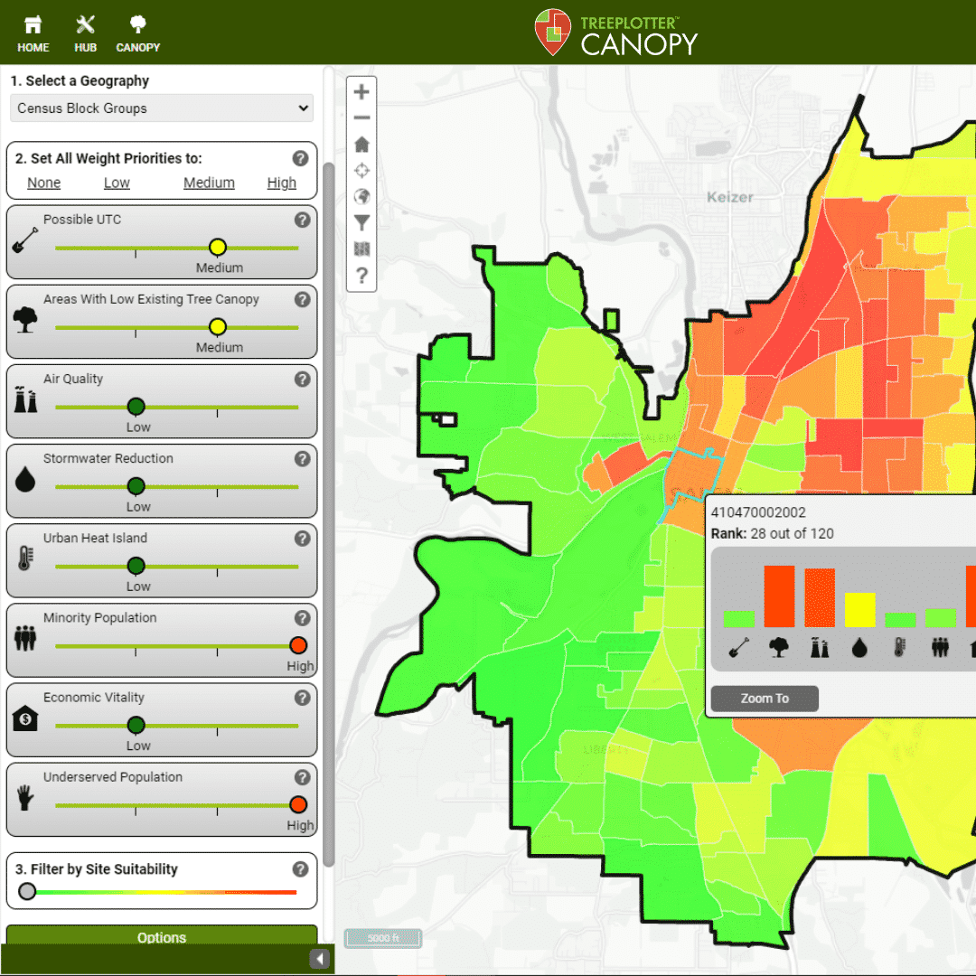Show your urban tree canopy assessment results in a TreePlotter CANOPY App