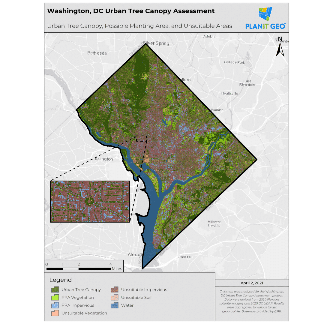 Possible Planting Areas and Unsuitable from the Washington DC urban tree canopy assessment
