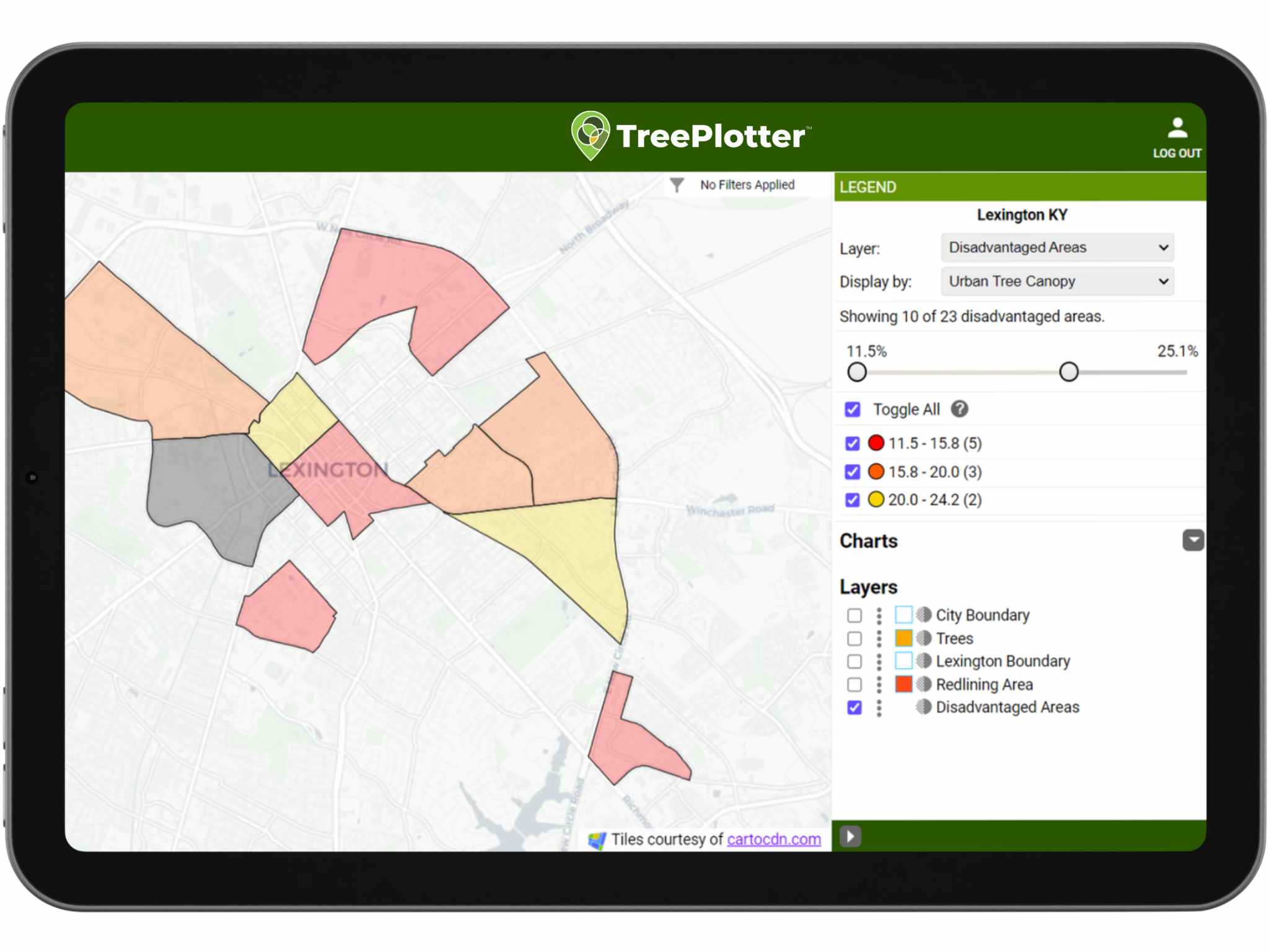 Filtering for Disadvantaged Areas with below average Urban Tree Canopy.