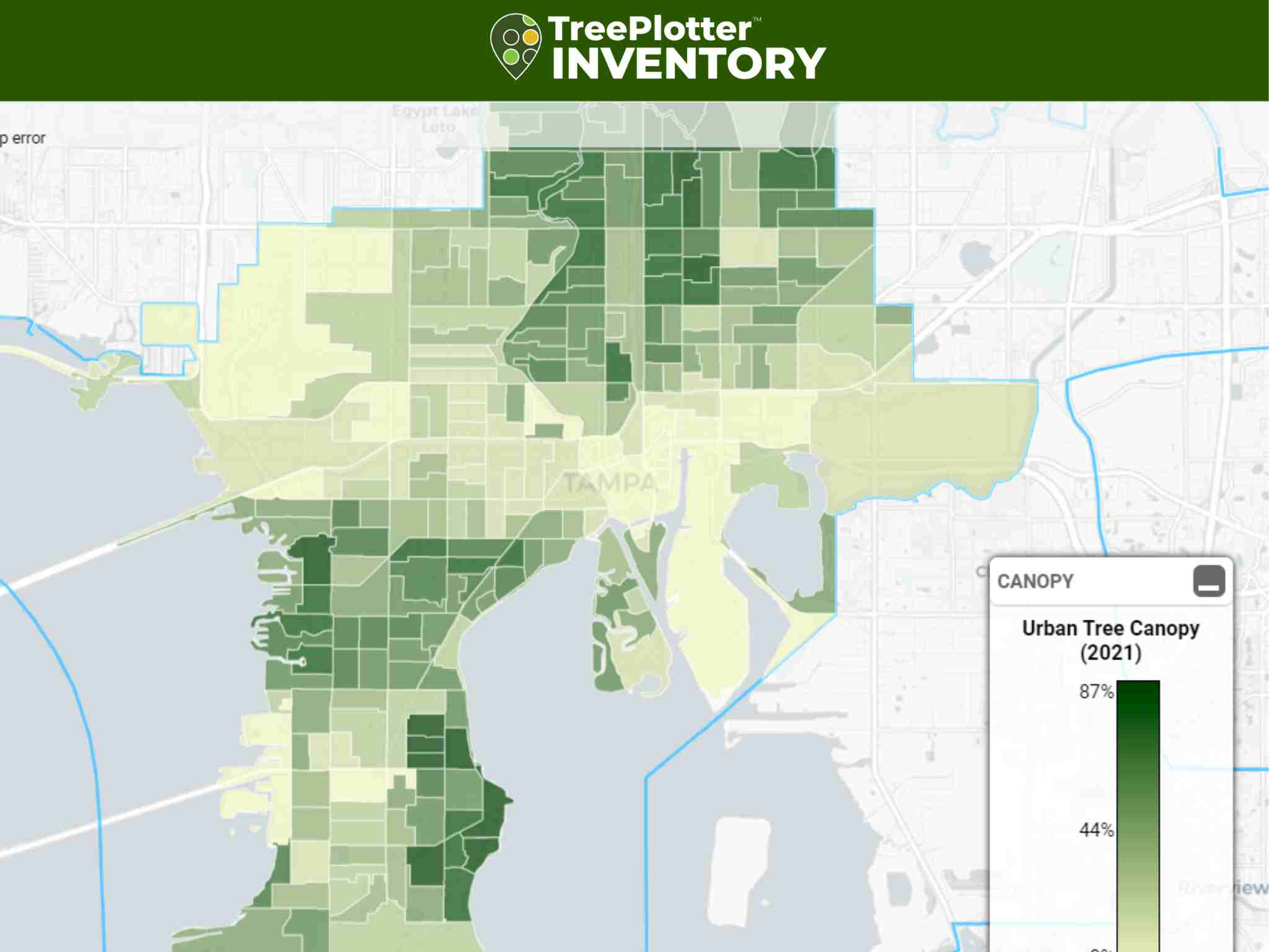 Florida’s statewide TreePlotter application showing urban tree canopy in Tampa